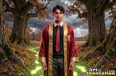 A man in a red and gold robe stands between autumn trees