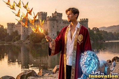 In a deep red robe with gold trim by a castle lake, a man releases fire butterflies from a wand