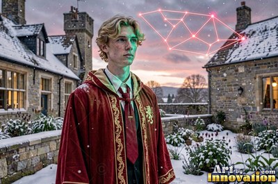 A blond young man stands in a snowy courtyard beside red lines shining in the air
