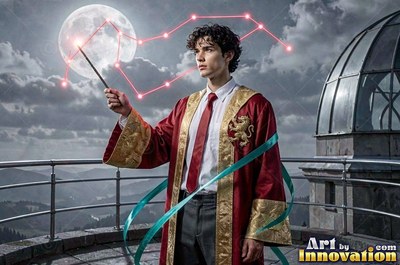 Standing on a balcony, a young man in a scarlet robe points a wand at the moon