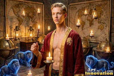 A shirtless man in an unfastened deep red robe holds candles by tiny blue lions