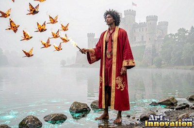 Holding a torch, a barefoot man in a scarlet robe watches fire birds fly toward a castle