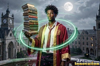 A man in a red wizard robe balances a stack of books