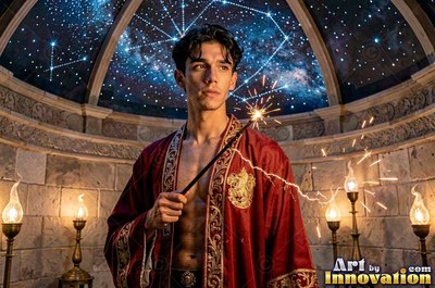 Clad in an open red robe, a young man grips a sparking wand in a stone chamber beneath a starry dome