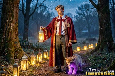 A young man in a bright red robe holds a lantern beside a small lion cub in a dark woods