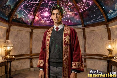 Standing facing forward, a young man wears a bright red robe in a domed observatory