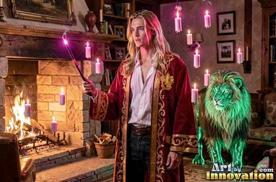 A blond man in a deep red robe holds a wand near a green lion by a fireplace