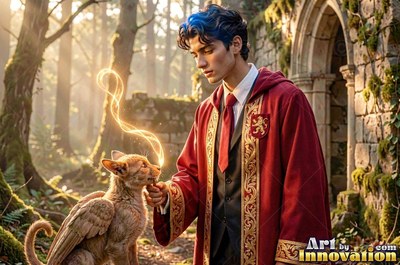 In stone ruins, a young man in a red robe feeds magic to a winged cub