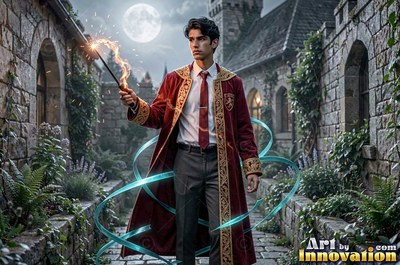 Holding a sparking wand, a young man in a deep red robe stands in a stone courtyard