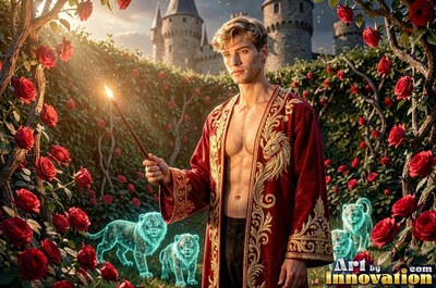 A blond man in an unzipped red robe holds a wand near roses and small lions