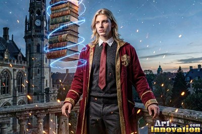 Wearing a red velvet robe on a castle roof, a blond man lifts a stack of books with blue sparks
