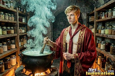 A shirtless young man in a red cloak stirs a steaming cauldron over yellow firelight