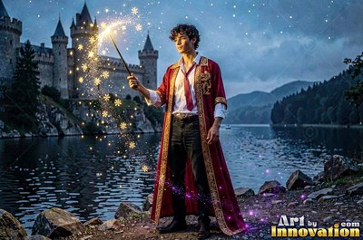Standing by a lake, a young man in a red cloak raises a wand by a castle
