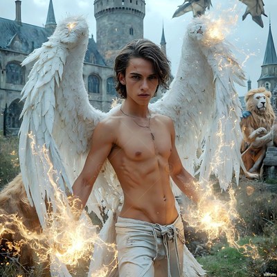 A winged shirtless man casts yellow sparks outside a stone castle with a lion