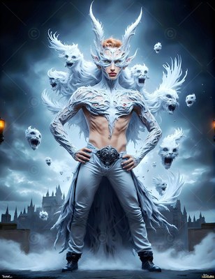 A man in white horned armor standing before flying ghostly faces