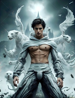 Before a dark castle, a shirtless man stands near white winged lions