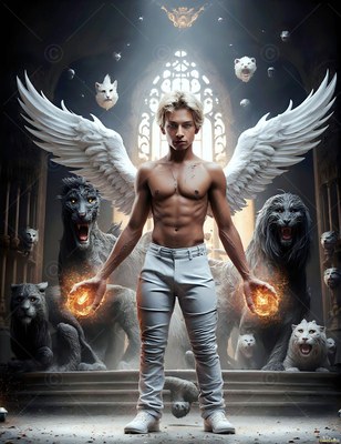 A winged man stands with lions, holding fiery sparks under pale overhead light