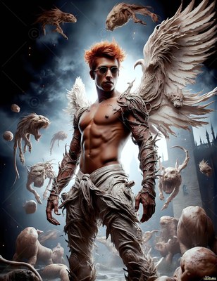 Standing upright just outside a castle, a winged shirtless man looks forward