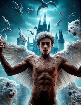 A shirtless winged man stands before a blue castle with flying white lions