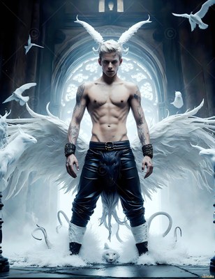 A shirtless winged man in black pants stands with white birds around him