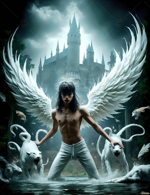 Bare-chested in shallow lake water, a winged man kneels with white lions below a gray castle