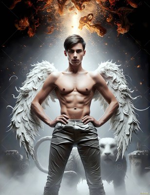 Standing hands on hips in dark mist, a winged shirtless man guards a white lion