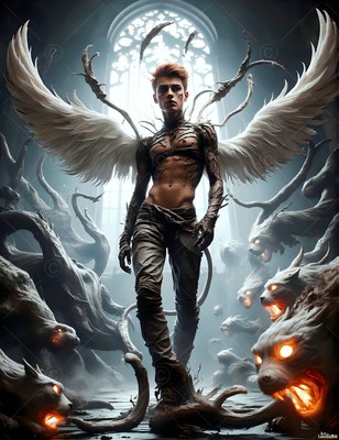Walking forward, a winged young man in gray pants passes snarling beasts in a misty hall