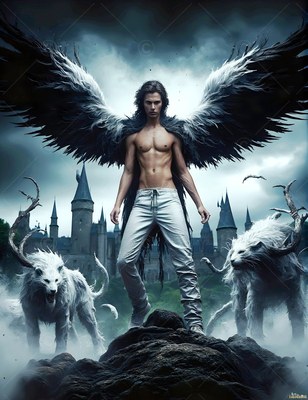 Large feathered wings spread behind a shirtless man out in front of a castle with two horned white lions