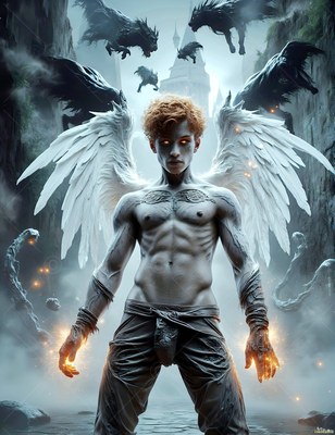 A winged man stands between stone cliffs, his hands lit with sparks of orange light