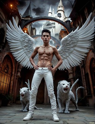 Standing with hands on hips in a courtyard, a winged man poses with two white lions