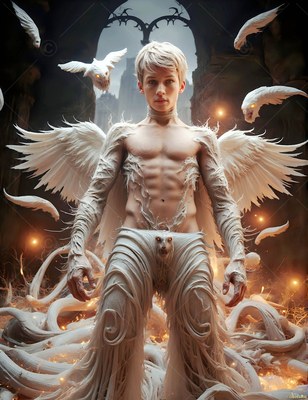 Standing with wings spread, a pale young man wears white feathered armor in a dark hall