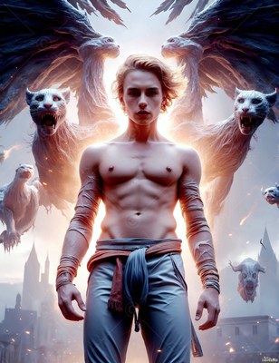 A shirtless man stands before winged white lions