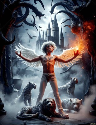 A winged man stands with four white lions, holding bright orange fire in his hand