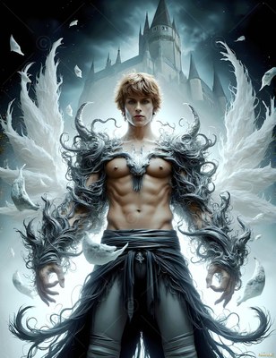 Facing forward outside a dark castle, a shirtless man stands with white wings