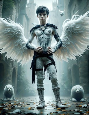 In a castle courtyard, a winged man stands between two white lion cubs