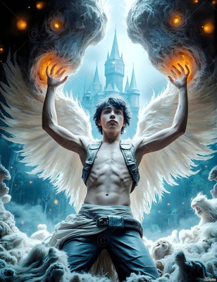 Raising his arms, a winged young man conjures fiery lion clouds before a distant castle tower
