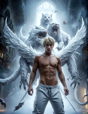 Bare-chested in white pants, a blond man stands in a stone hall before three winged white lions