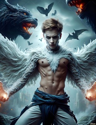 A shirtless winged man raises fire in his hands under a dark stormy sky