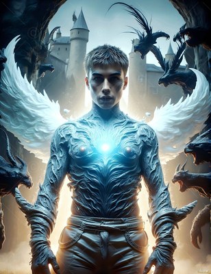 Facing forward outside a stone castle, a winged man stands surrounded by monsters