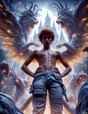 A shirtless man stands hands on hips before winged white lions and a castle