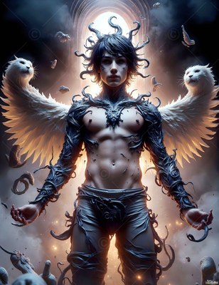 Under a dark stone arch, a winged man stands with white lion heads on his wings