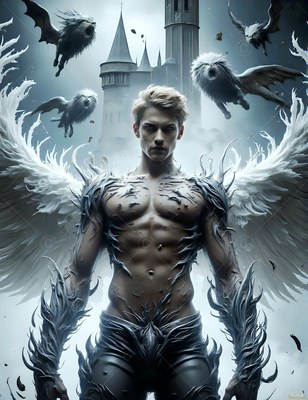 A winged man stands before a castle with flying beasts around him