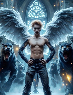 Bare-chested man with large white wings standing in a stone hall surrounded by snarling beasts