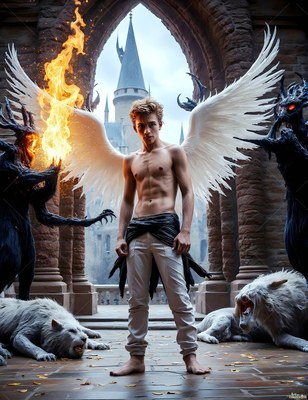 A winged young man stands between shadow creatures beneath warm firelight