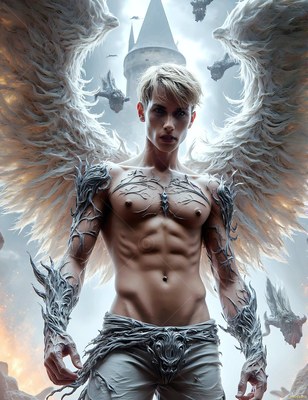 Standing shirtless before a castle tower, a winged man displays pale feathers
