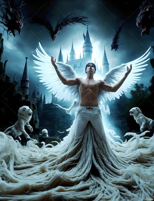 Outside a dark castle, a winged shirtless man stands over white lions