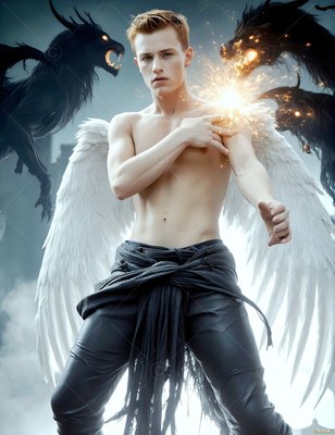 Bare-chested with white wings, a young man stands in cloudy sky between dark winged beasts