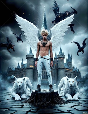 A winged man stands between two white lions by a castle