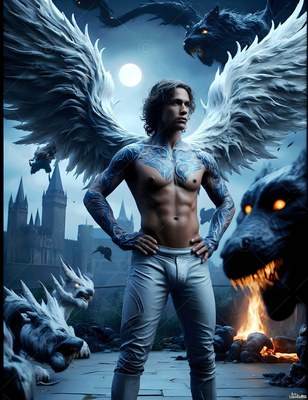 White feathered wings spread behind a shirtless man with blue tattoos standing outside a dark castle under a moon