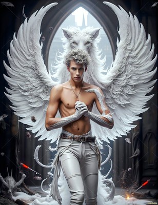 Standing front and center in a stone hall, a shirtless man poses before a white winged wolf